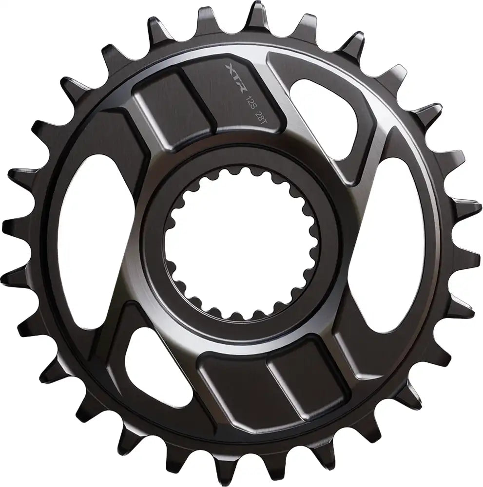 Shimano XTR CRM96 12-speed chainring with 28-tooth gear for mountain bike drivetrain, shown in black with mounting holes.