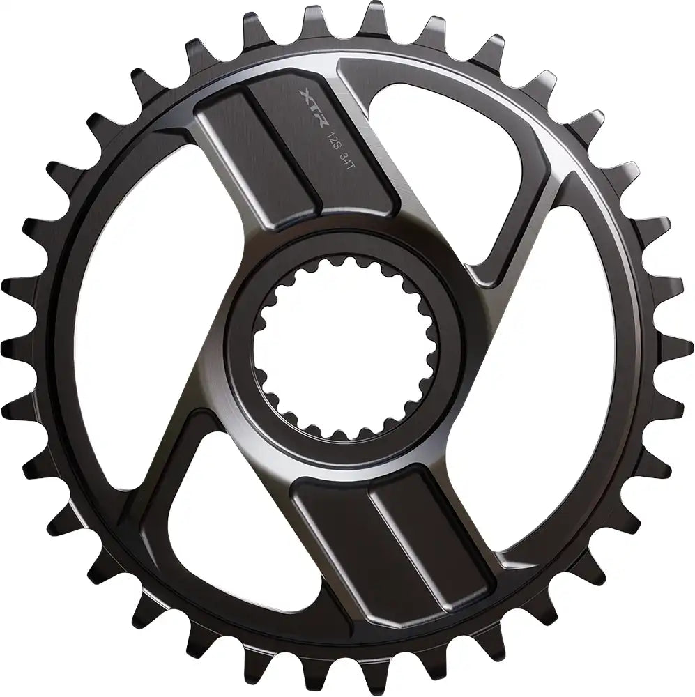 Shimano XTR CRM96 12-speed chainring with 34T size, designed for mountain bike parts, shown in black with tooth details.