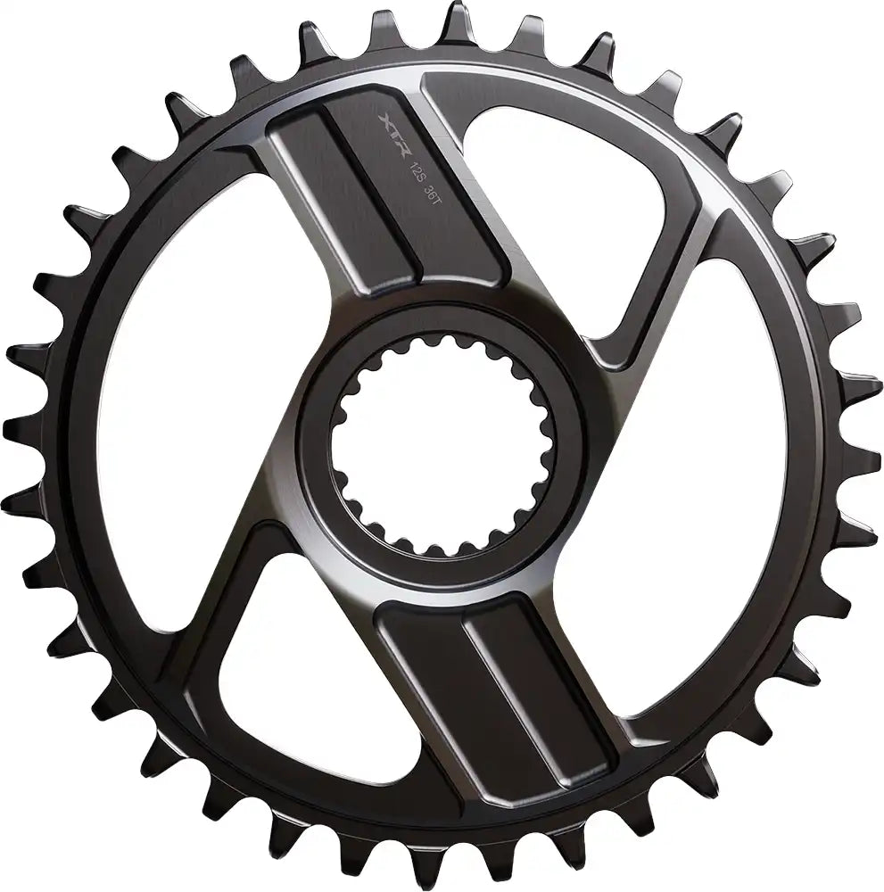 Shimano XTR CRM96 12-speed chainring with 36-tooth size, designed for mountain bike parts, shown in close-up view.