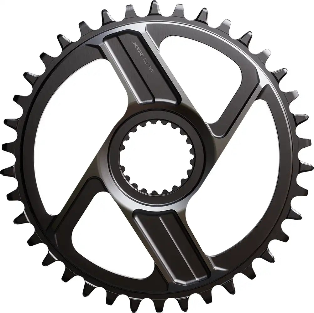 Shimano XTR CRM96 12-speed chainring with 38T size, black alloy bike parts for mountain cycling, shown on a white background.