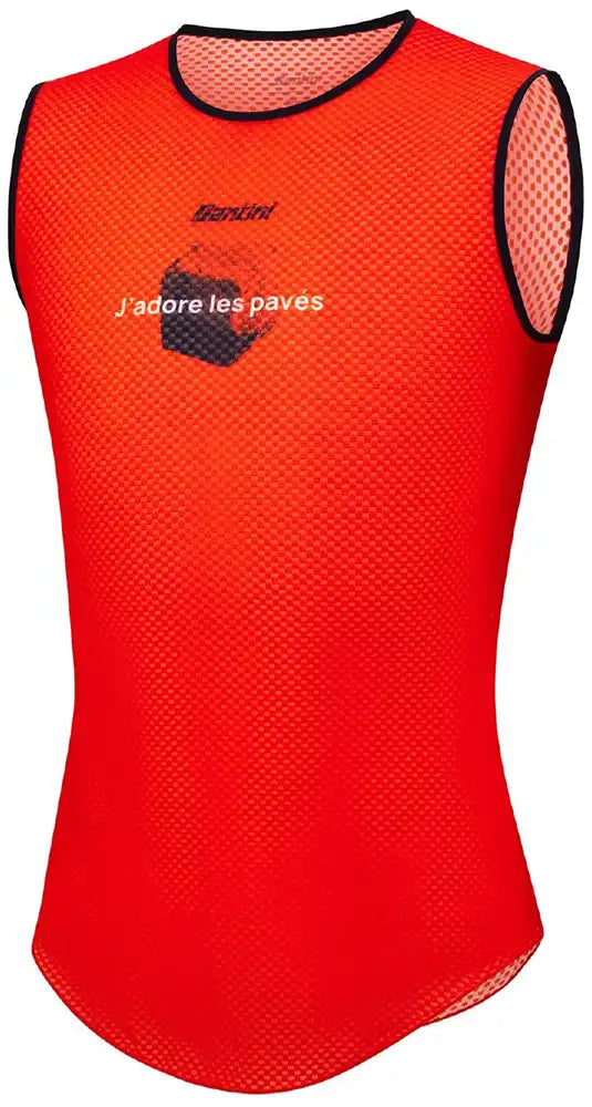 Santini Paris Roubaix SL men's cycling baselayer in orange, showing close-up of lightweight, breathable fabric and logo detail.
