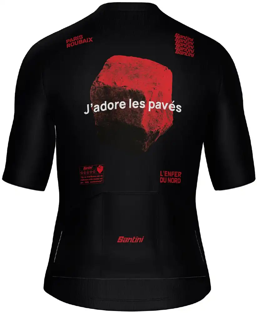 Santini Paris Roubaix men's short-sleeve cycling jersey in black and red, lightweight sports clothing with logo details.