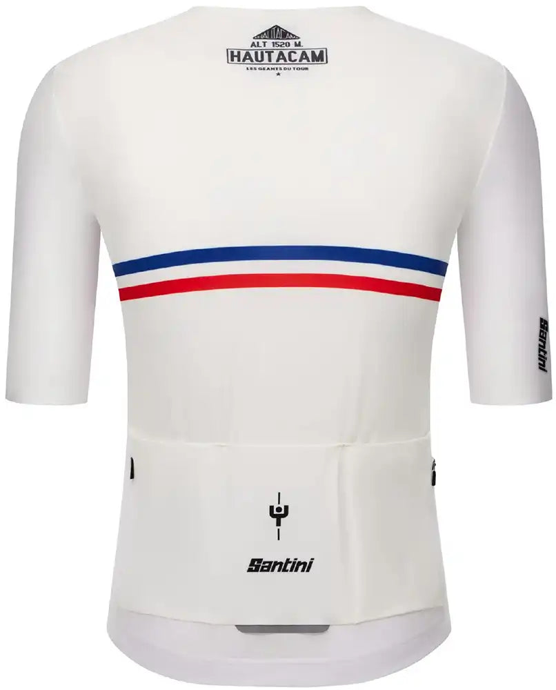 Santini TDF Hautacam Stage short-sleeve men's cycling jersey in white, featuring breathable fabric and TDF branding.