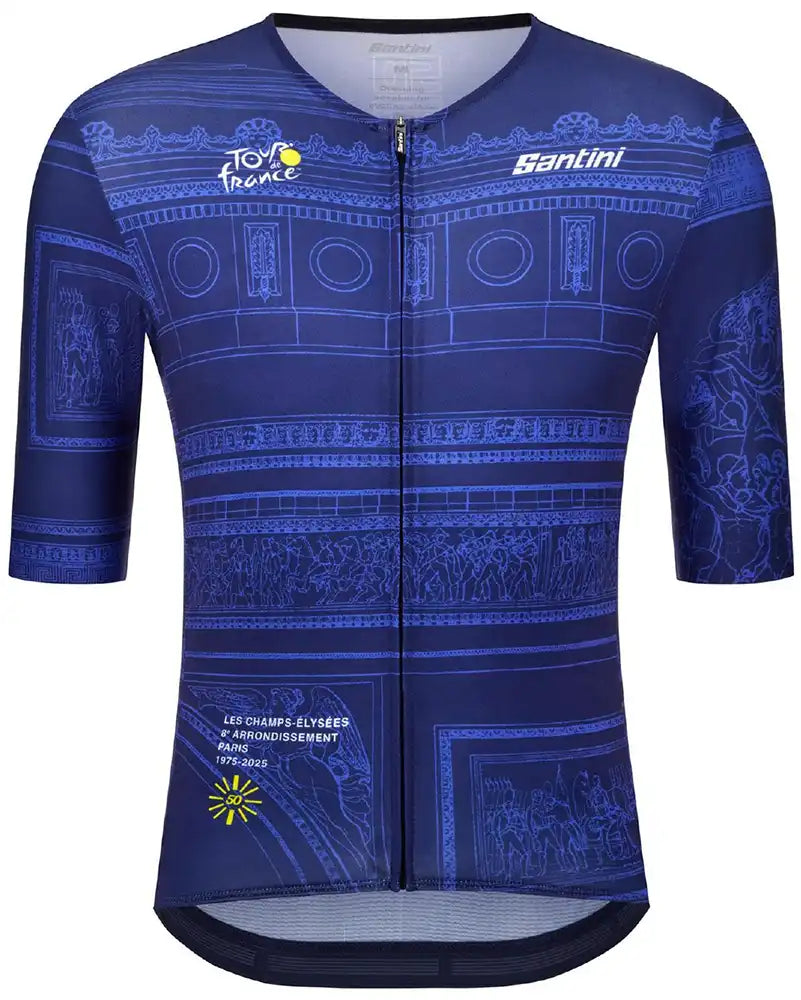 Santini TDF Arc de Triomphe Stage short-sleeve men's cycling jersey in black, size XL, featuring race-inspired design and lightweight fabric.