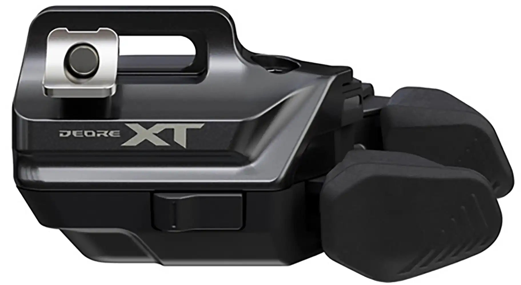 Shimano XT Di2 M8250 12-speed shifter for bike gear shifting, showing the sleek black Shimano parts with digital controls.
