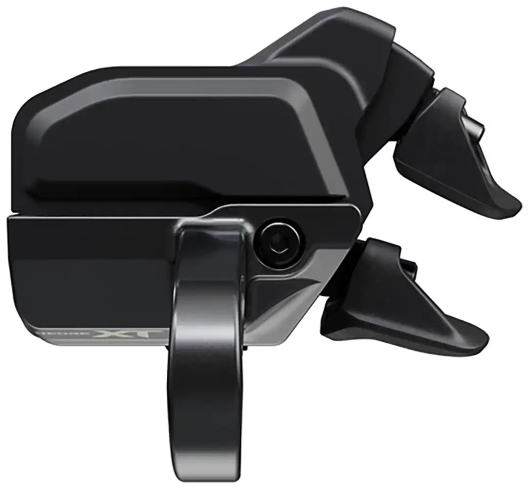 Shimano XT Di2 M8250 12-speed shifter for bike gear shifting, showing the sleek black electronic shifter with branding details.