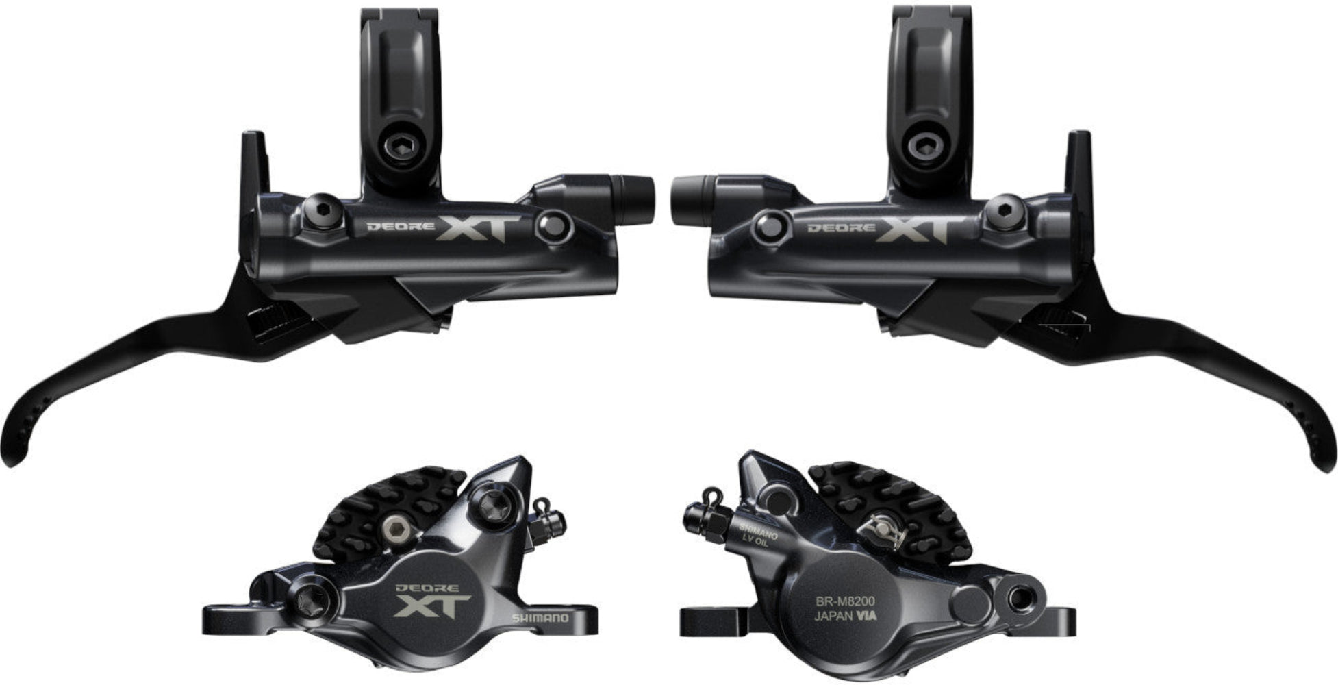 Shimano XT M8200 XC hydraulic disc brake upgrade kit with brake lever, caliper, and hoses for mountain biking.