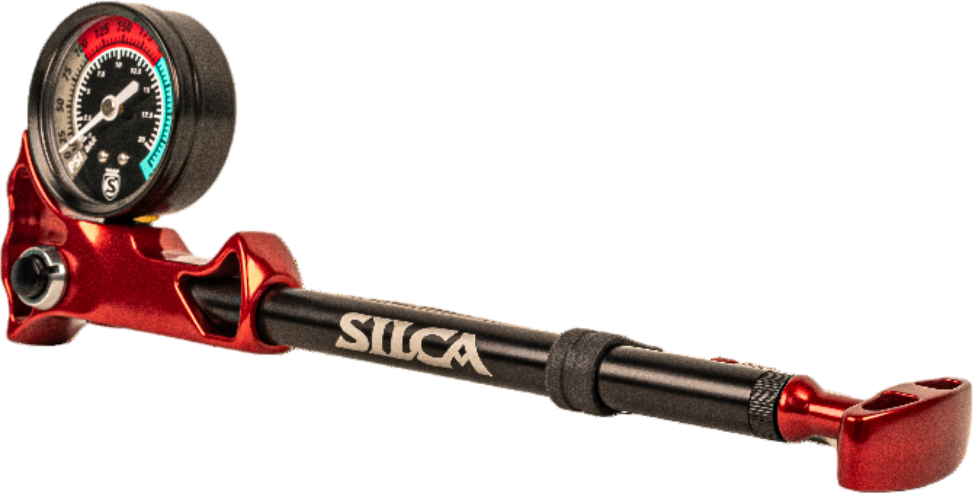 Silca Ultimate Shock Pump accessory with black handle and gauge, designed for precise tire and shock pressure measurements.