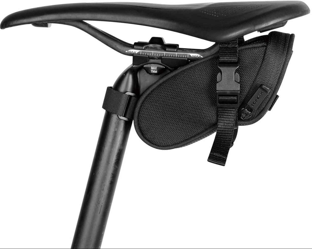 Topeak Aero Wedge Strap saddle bag attached to bike frame, showcasing compact design and mounting straps for cycling accessories.