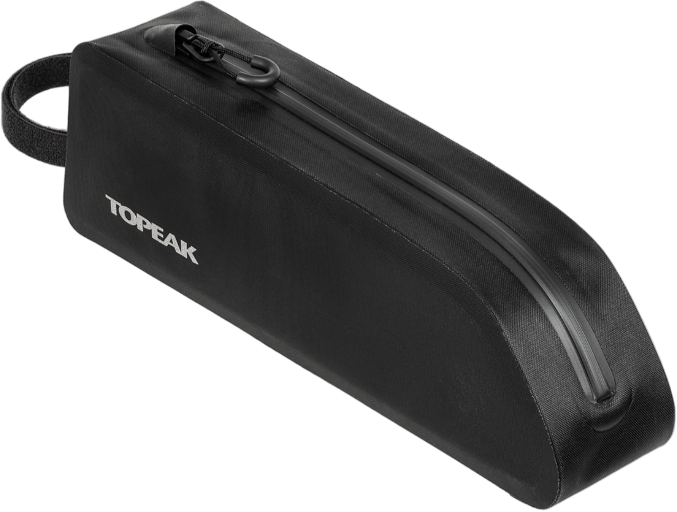 Topeak Fastfuel Drybag II top tube bag for bike accessories, black waterproof storage with zippers and adjustable straps.