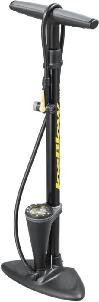 Topeak JoeBlow Max HP floor pump with digital gauge and ergonomic handle for high-pressure bike tire inflation.