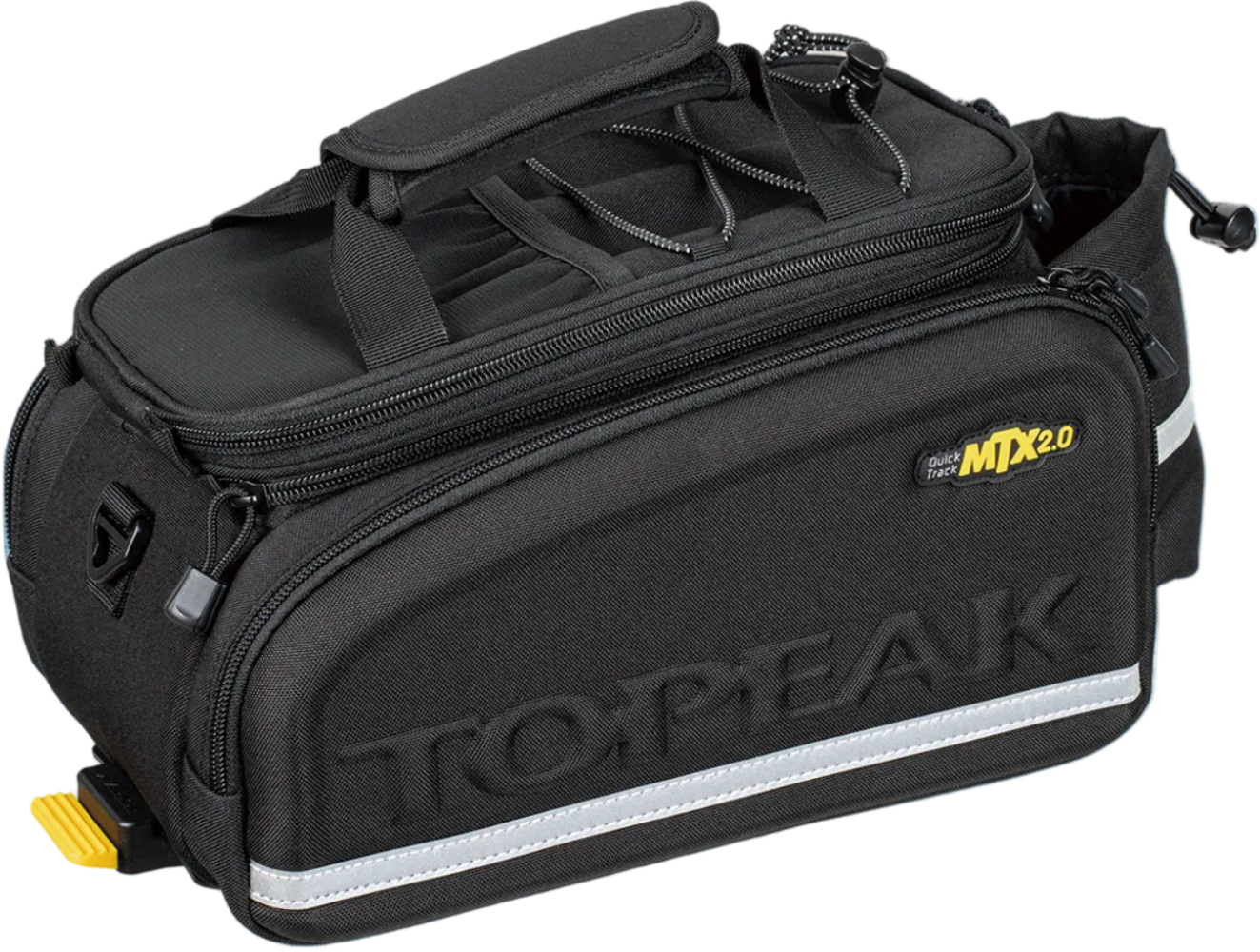 Topeak MTX Trunk Bag DX 2.0 mounted on bicycle rear rack, durable bike accessories with multiple compartments for storage.