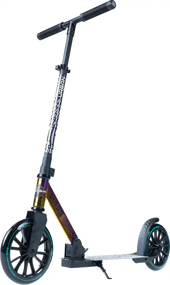MGP Urban Renegade folding scooter with black deck and handlebars, designed for urban riding and easy portability.