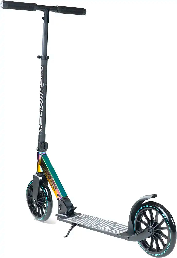 MGP Urban Renegade folding scooter with black deck and handlebars, compact design, ready for urban riding.