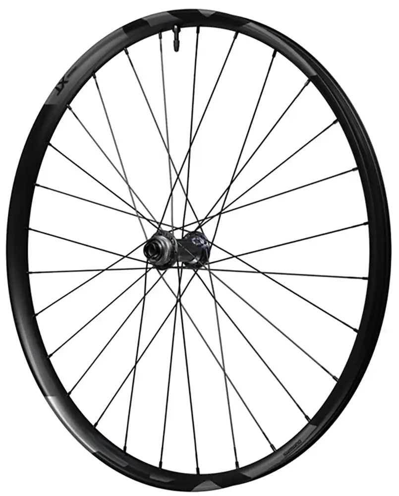 Shimano XT M8200 tubeless disc wheel, mountain bike wheel with black rim and disc brake rotor, front view.