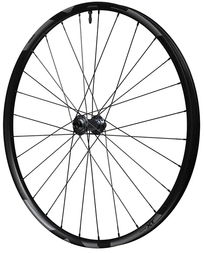 Shimano XT M8200 tubeless disc wheel for mountain bikes, featuring black alloy rim and disc brake compatibility.