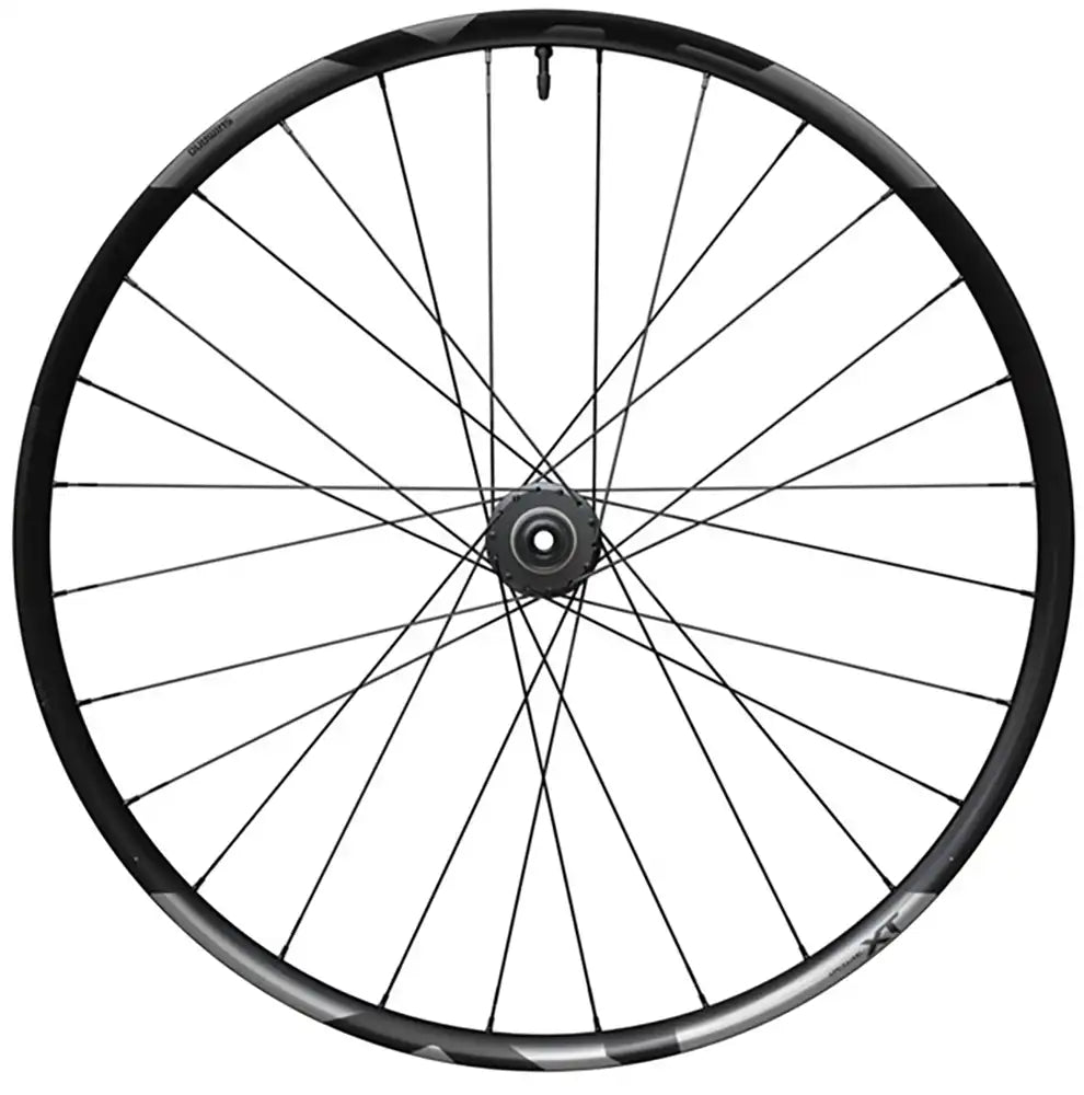 Shimano XT M8200 tubeless disc wheel for mountain bikes, featuring a black rim and spokes, suitable for 29-inch wheels.