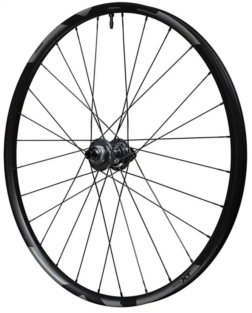 Shimano XT M8200 tubeless disc wheel for mountain bikes, featuring a black alloy rim and disc brake compatibility.
