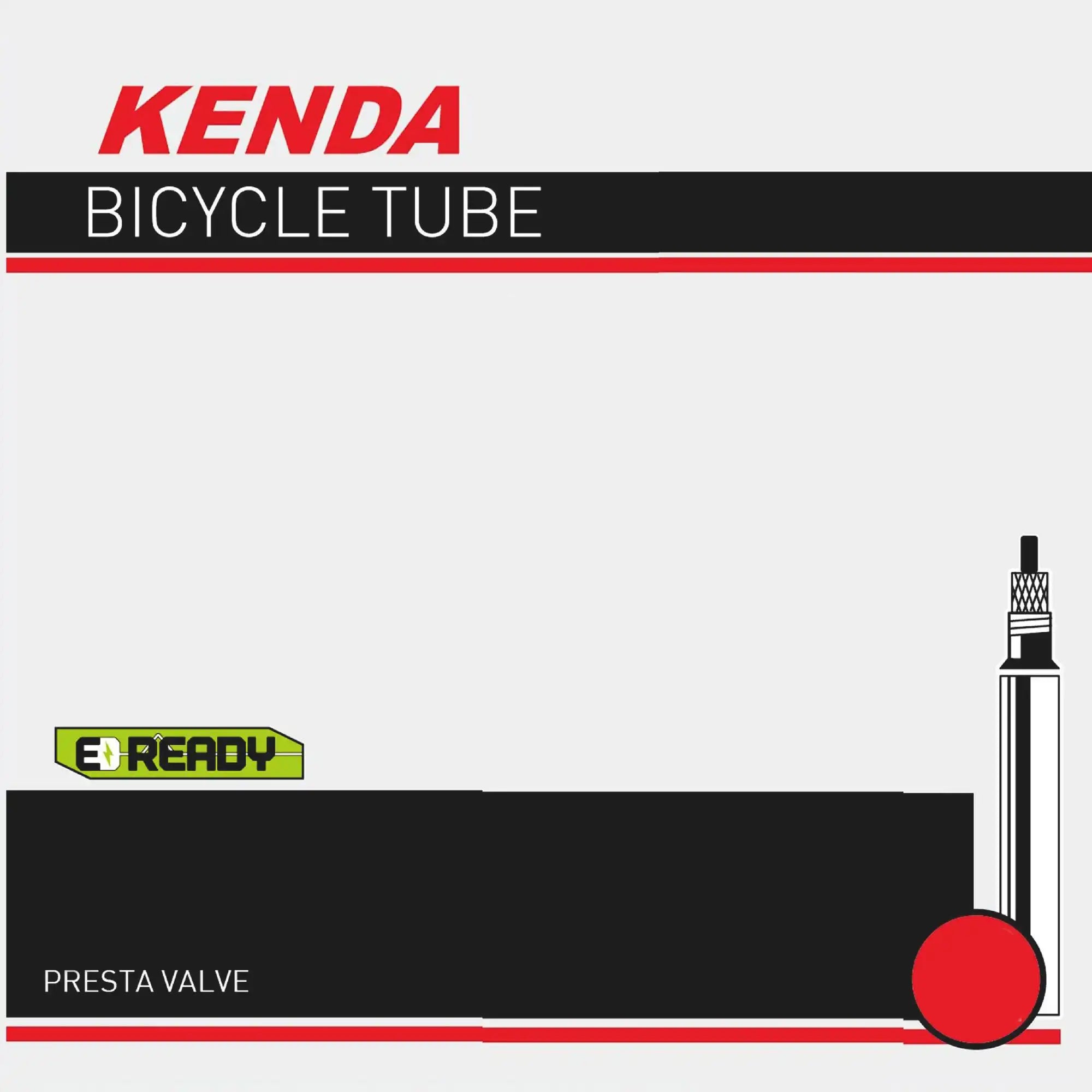 Kenda rubber bicycle tube with presta valve, suitable for mountain and road bikes, shown in a close-up image.