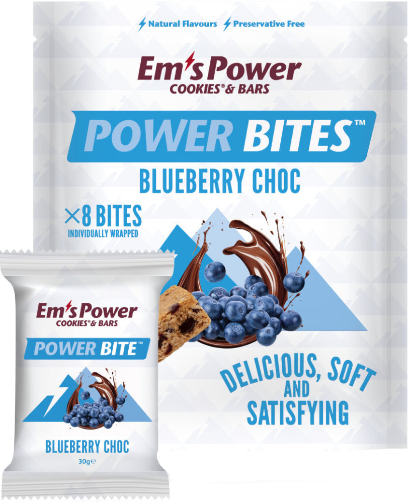 Ems Power Cookies Blueberry Power Bites in an 8-pack, with visible blueberry chunks and packaging showing the nutrition product.