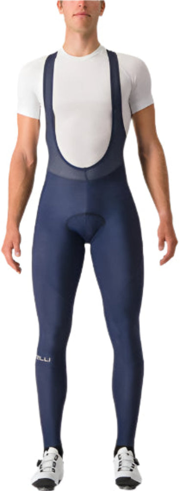 Castelli Entrata men's bib tights in black, showing the fitted cycling tights with adjustable straps and logo details.