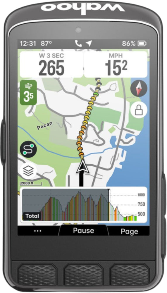 Wahoo Elemnt Ace GPS computer accessory mounted on bike handlebar with screen display and control buttons.