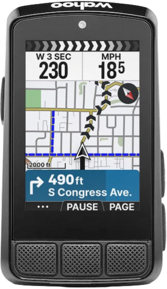 Wahoo Elemnt Bolt V3 GPS cycling computer mounted on handlebars, showing screen with ride data and navigation features.