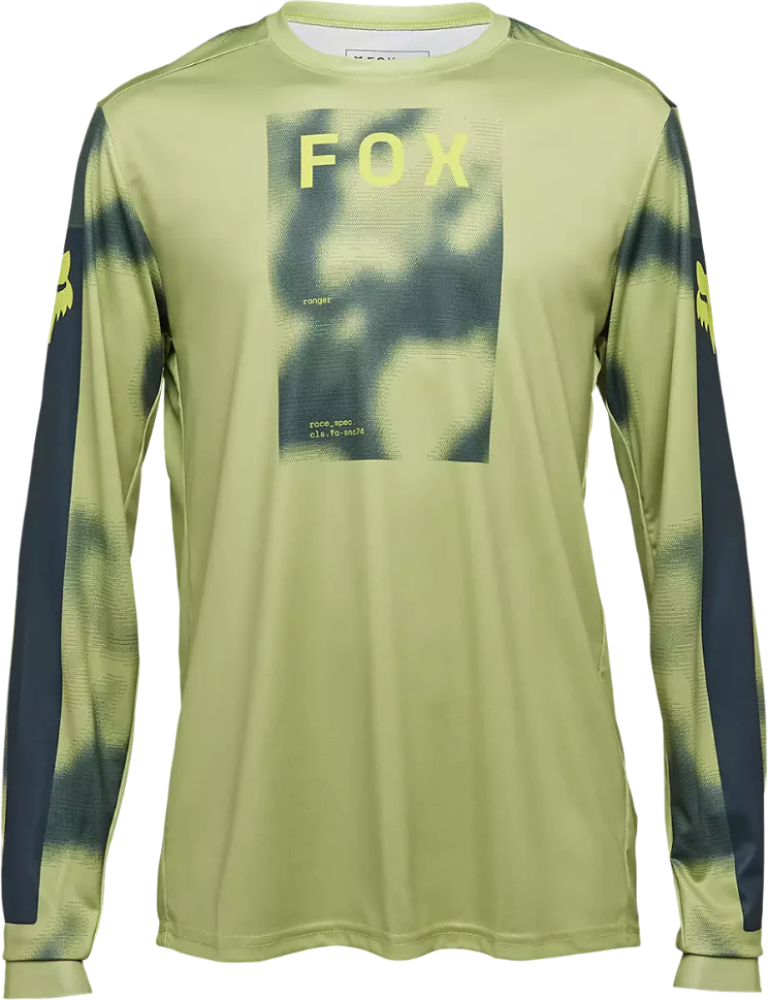 Men's Fox Ranger Taunt LS MTB jersey with long sleeves in black and green, featuring Fox logo and moisture-wicking fabric.