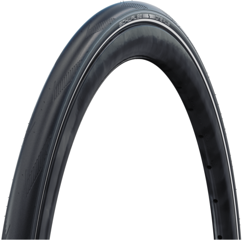 Schwalbe One Plus Clincher Road Tire, rubber bike tire with reflex sidewalls, designed for road cycling performance.