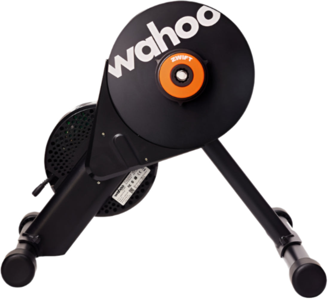 Wahoo KickR Core Zwift smart trainer with orange flywheel and cog, designed for indoor cycling training and fitness accessories.