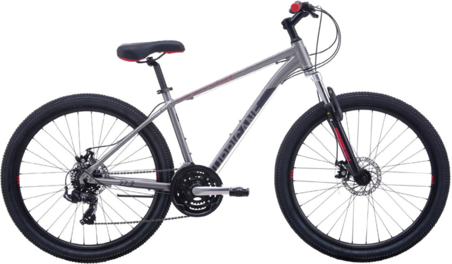 Grey Malvern Star Hurricane 27-2 hardtail mountain bike with a sturdy frame and knobby tires, designed for off-road riding.