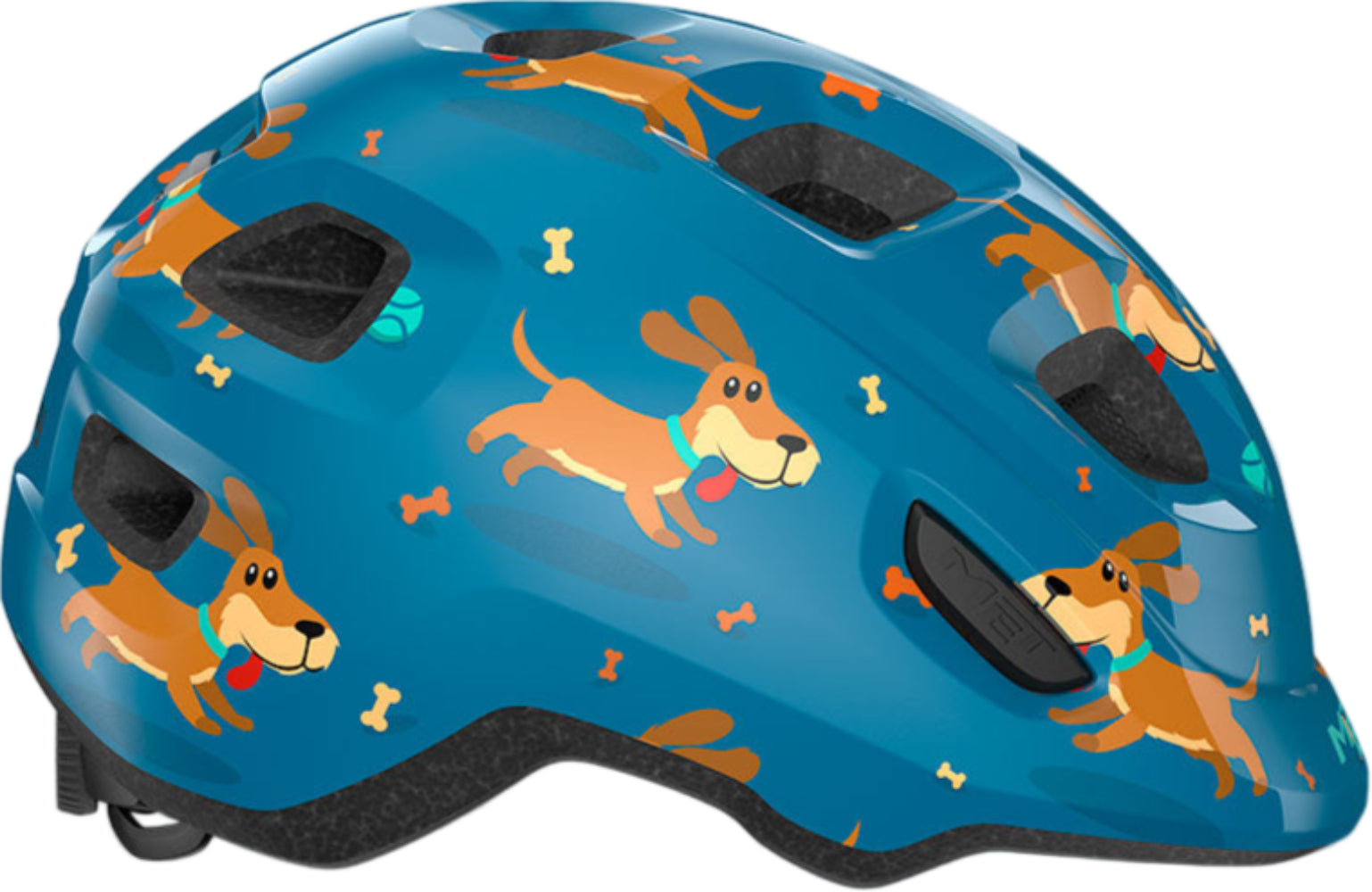 Side view of MET Hooray Kids helmet showing colorful design and adjustable straps for safe, comfortable children's cycling protection.