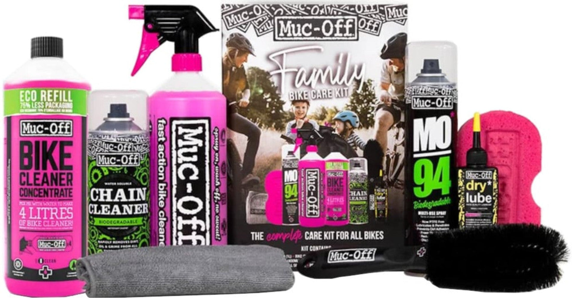 Muc-Off Family Bike Care Kit accessories including cleaning brushes, spray bottles, and bike cleaning tools on a white background.