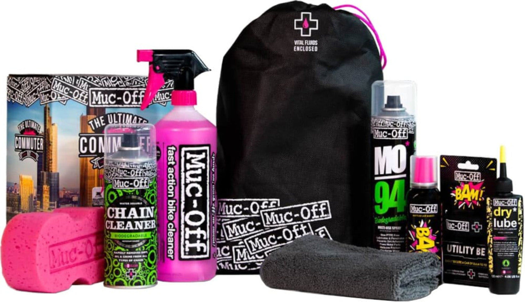 Muc-Off Ultimate Commuter Care Kit accessories including cleaning brushes, lubricants, and maintenance tools on a white background.