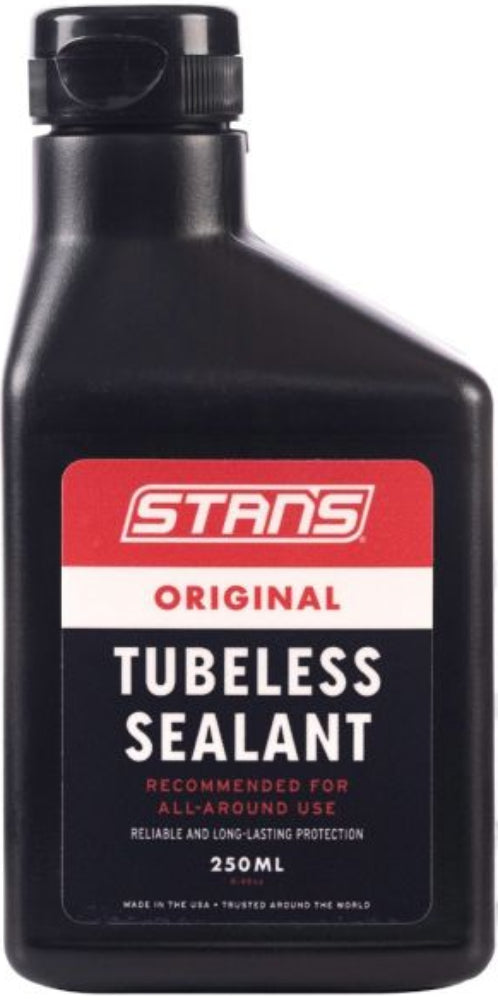 Stans Original Tubeless Sealant 250ml bottle, bicycle tire accessories for sealing punctures in tubeless tires.