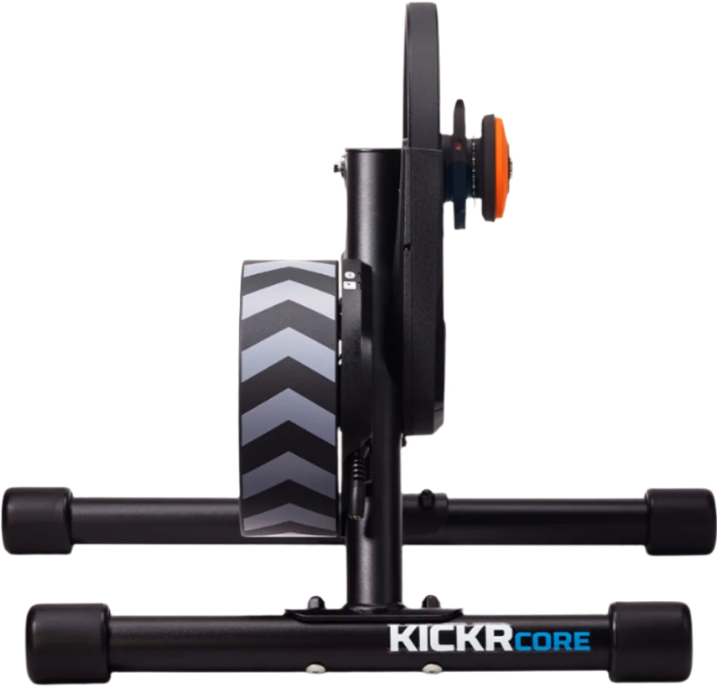 Wahoo KickR Core Zwift smart trainer with adjustable resistance, shown with bike cassette and modern design for indoor cycling training.
