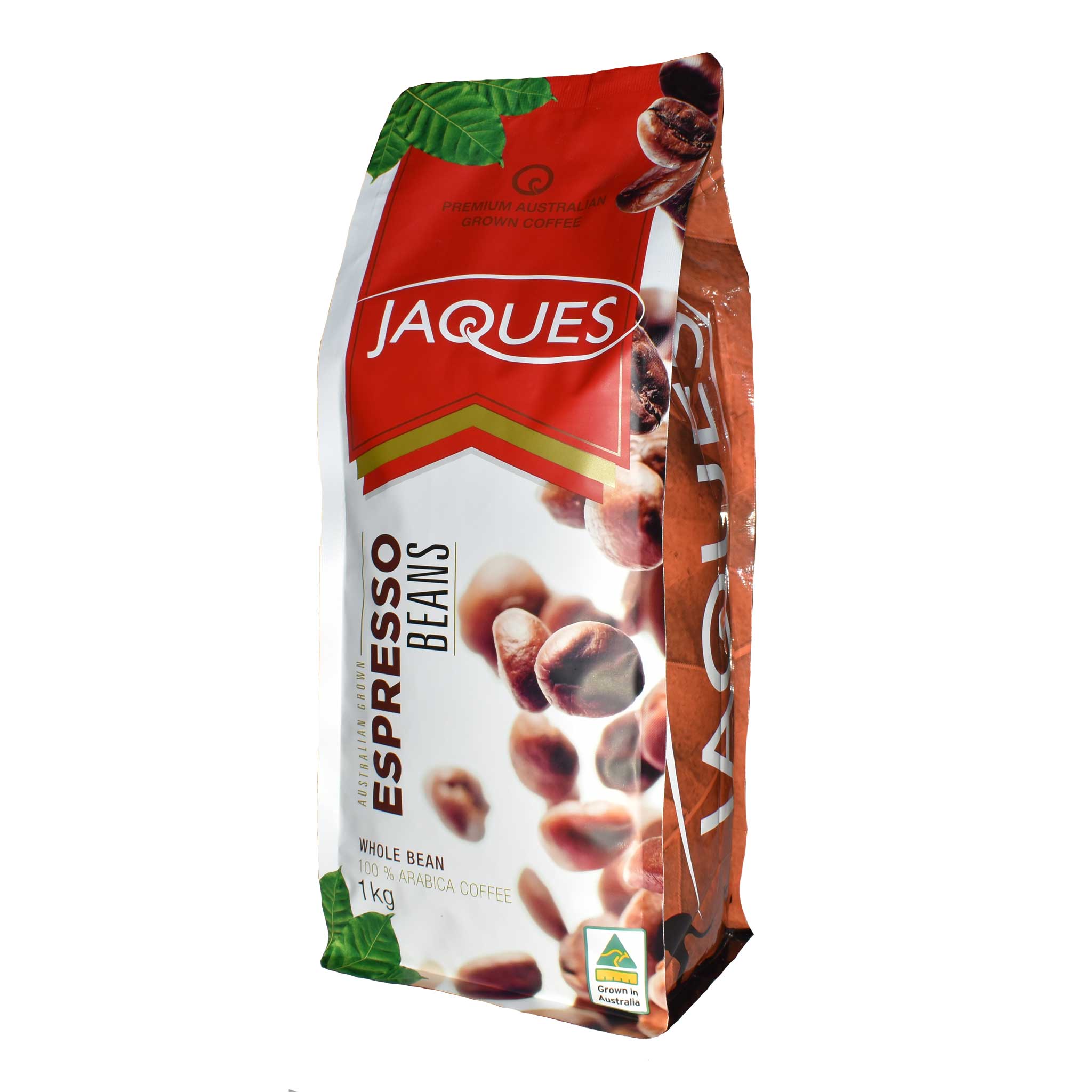 Jaques Australian Coffee 1kg espresso roast whole beans in a bag, showcasing dark roasted coffee beans for espresso brewing.