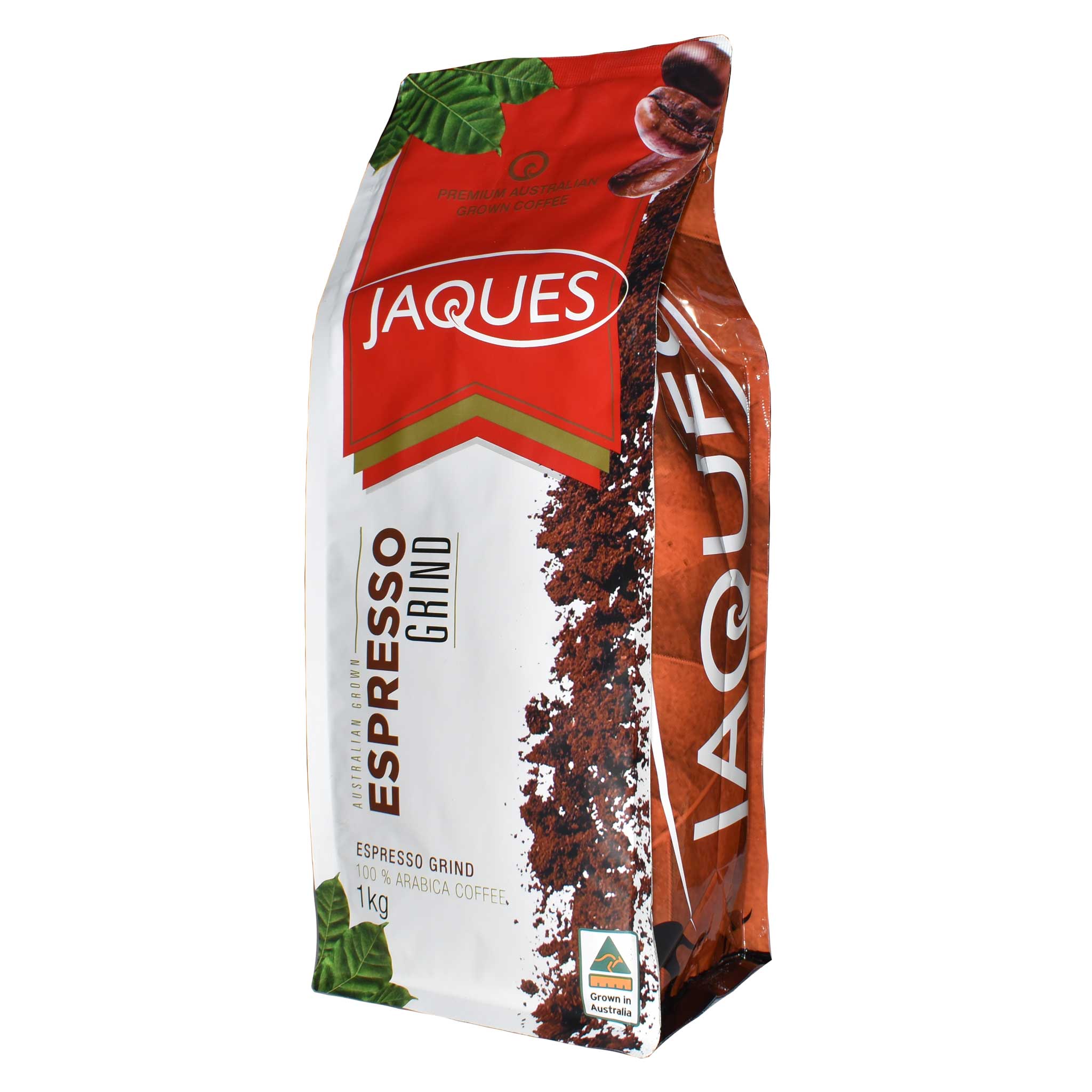 Jar of Jaques Australian Coffee 1kg Espresso Roast coffee beans, featuring the roasted coffee label and product packaging.