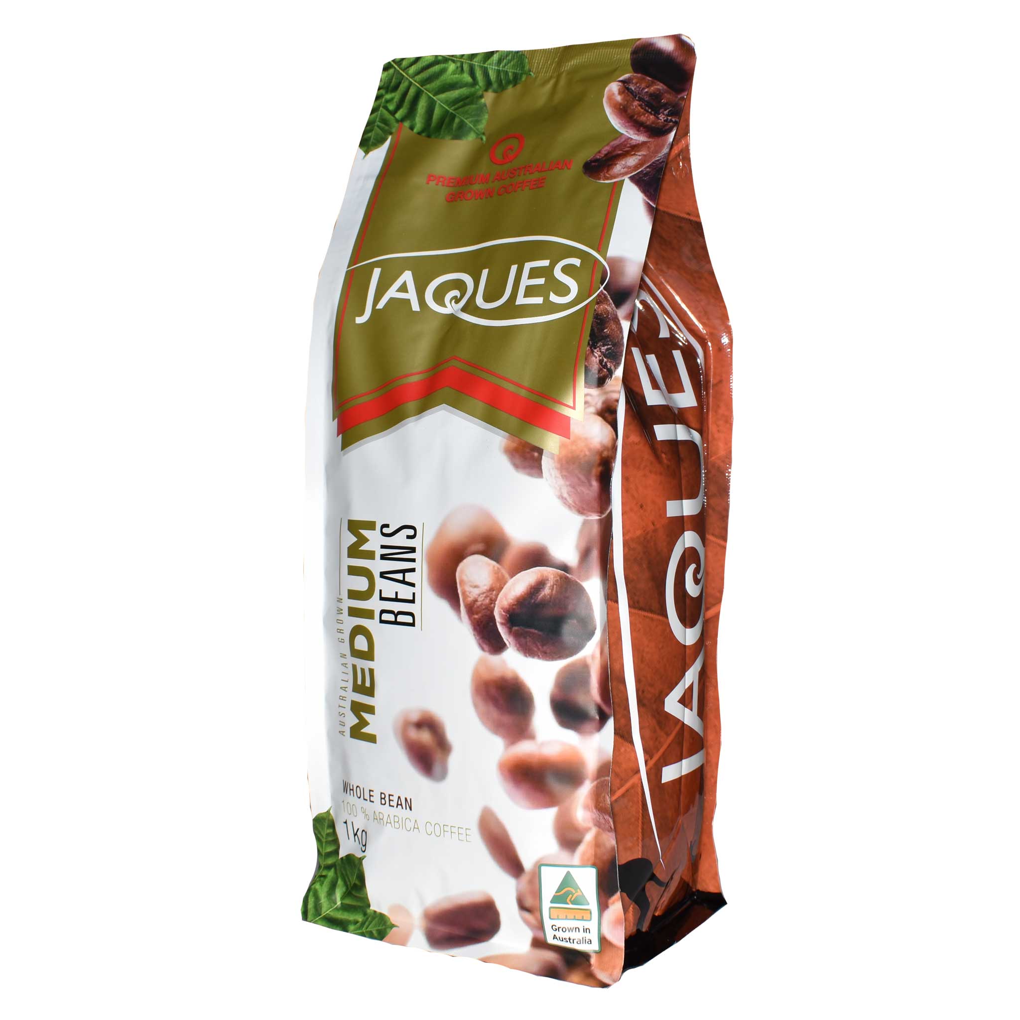 Jaques Australian Coffee 1kg medium roast whole beans, roasted coffee beans with a rich brown color, in a bag.