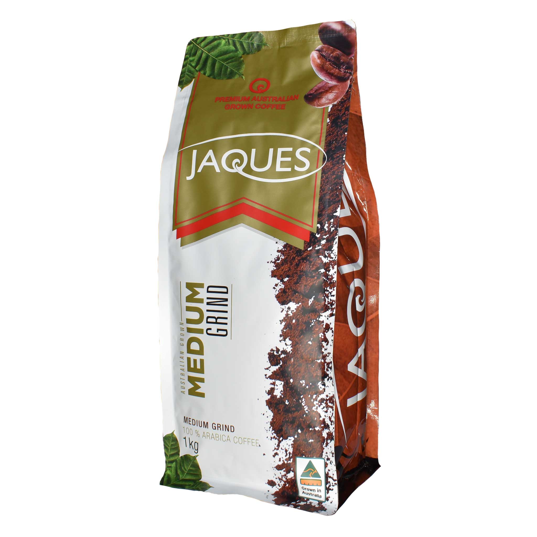 Jaques Australian Coffee 1kg medium roast roasted coffee with medium grind, showing the coffee bag and label.