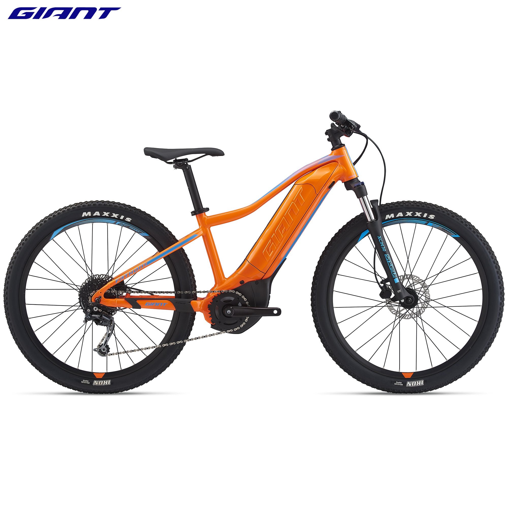 Giant Fathom E+ Jr electric bike for kids, black and blue frame, with 21-speed gear system and sturdy tires.