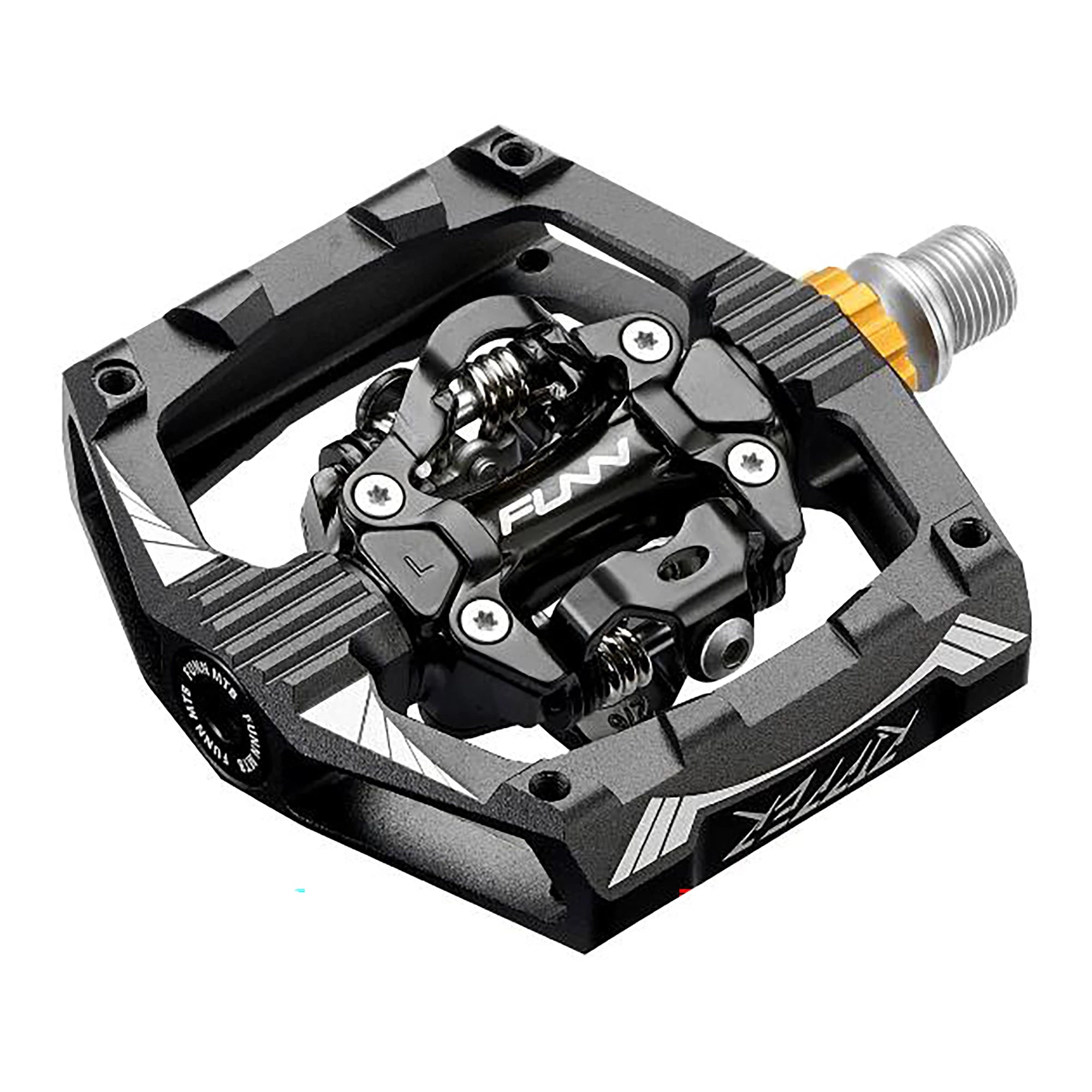 FUNN Ripper SPD MTB pedals, black metal bike pedal with clipless design and adjustable tension for mountain biking.