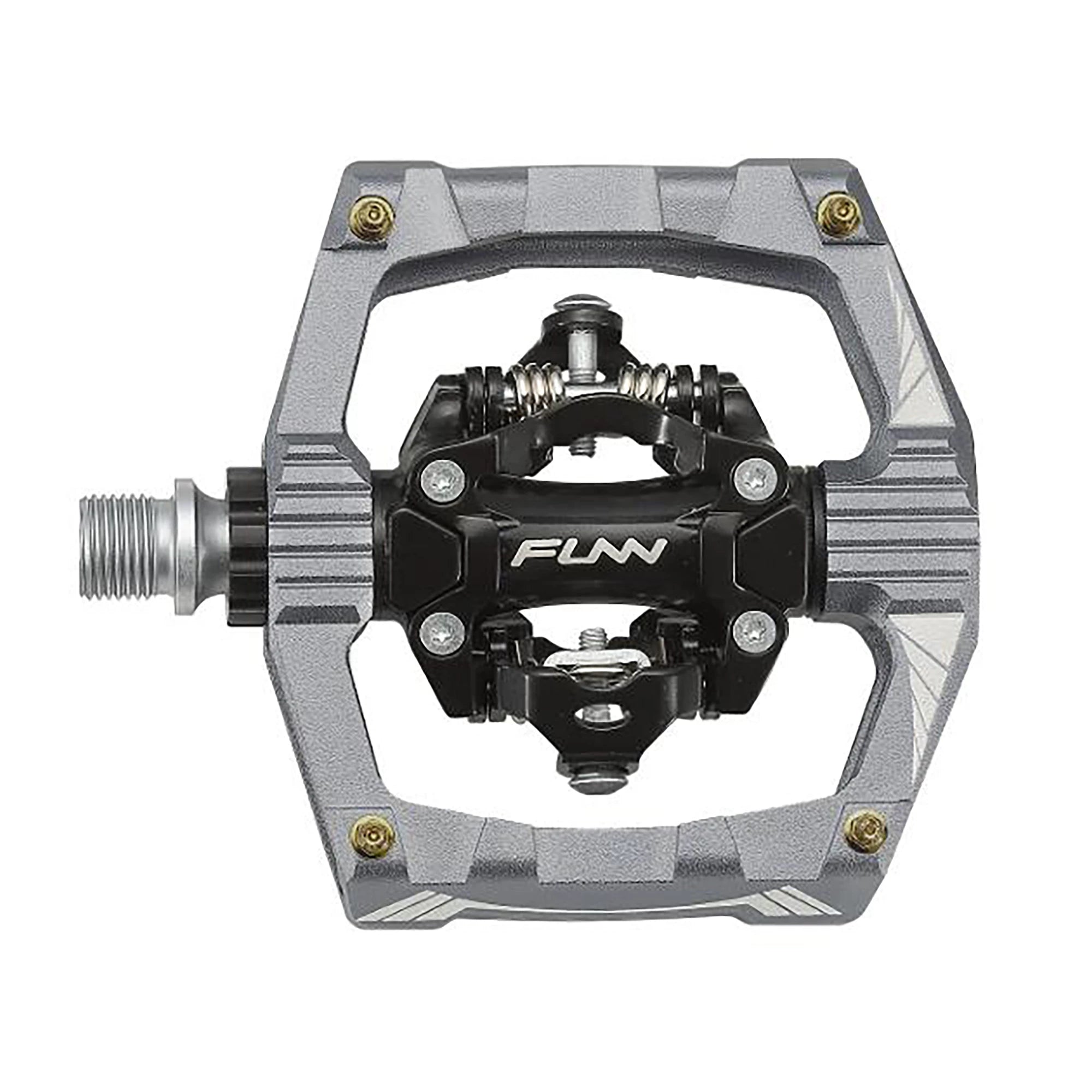 FUNN Ripper SPD MTB pedals mounted on bike crank, showcasing durable clipless pedal design for mountain biking enthusiasts.