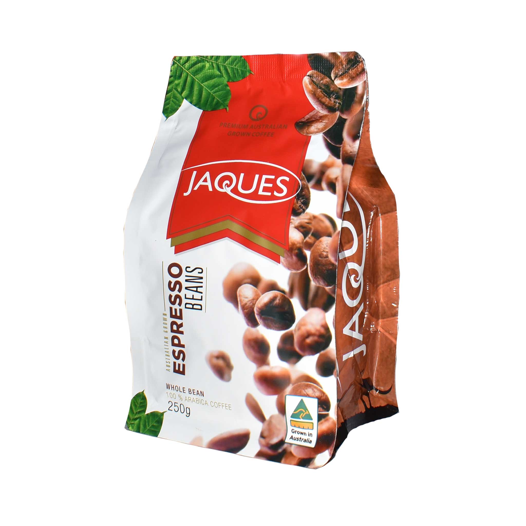 Whole Jaques Australian Coffee 250g Espresso Roast beans in a clear bag, showcasing the dark roasted, aromatic coffee beans.