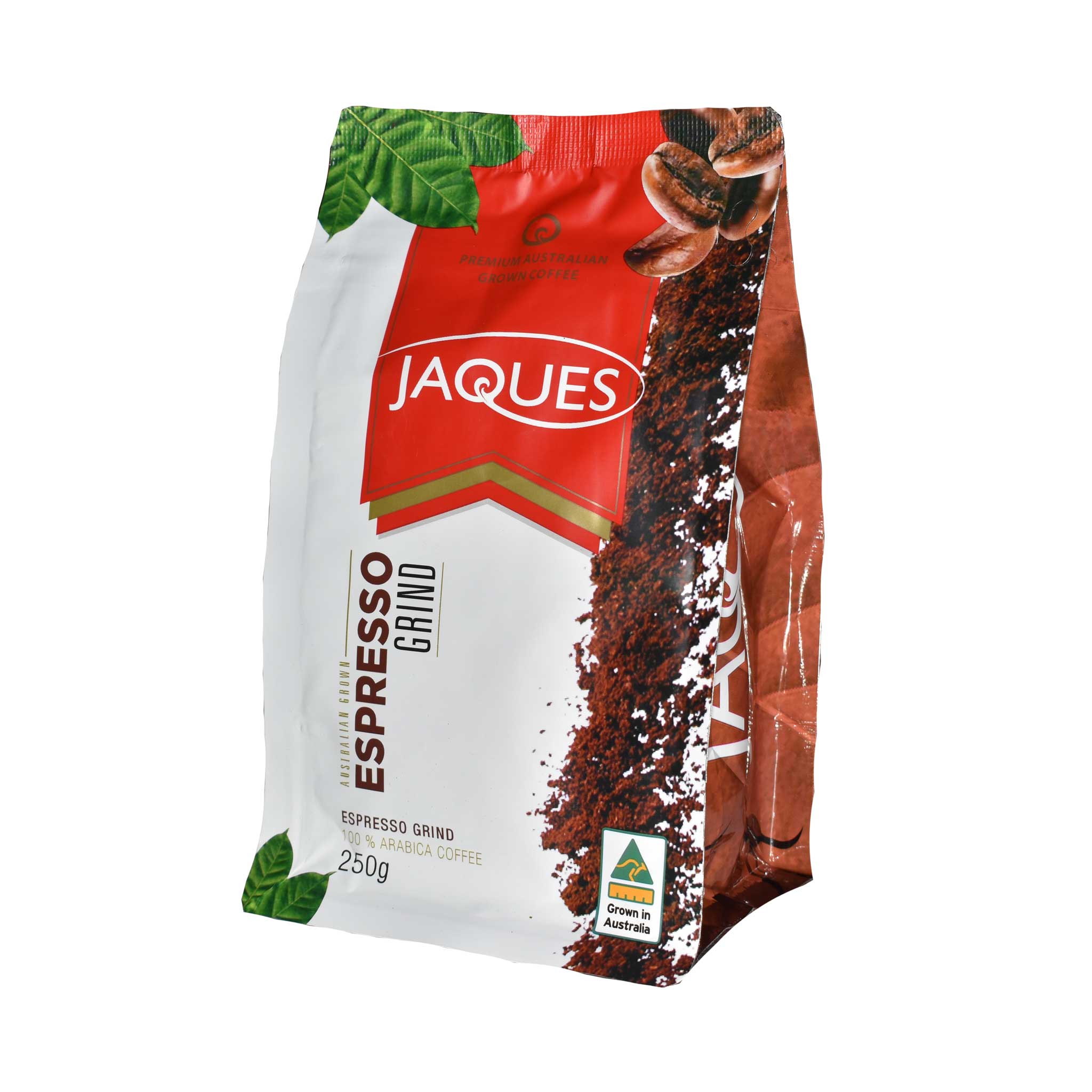 Jaques Australian Coffee 250g espresso roast roasted coffee bag with espresso grind label and branding on packaging.