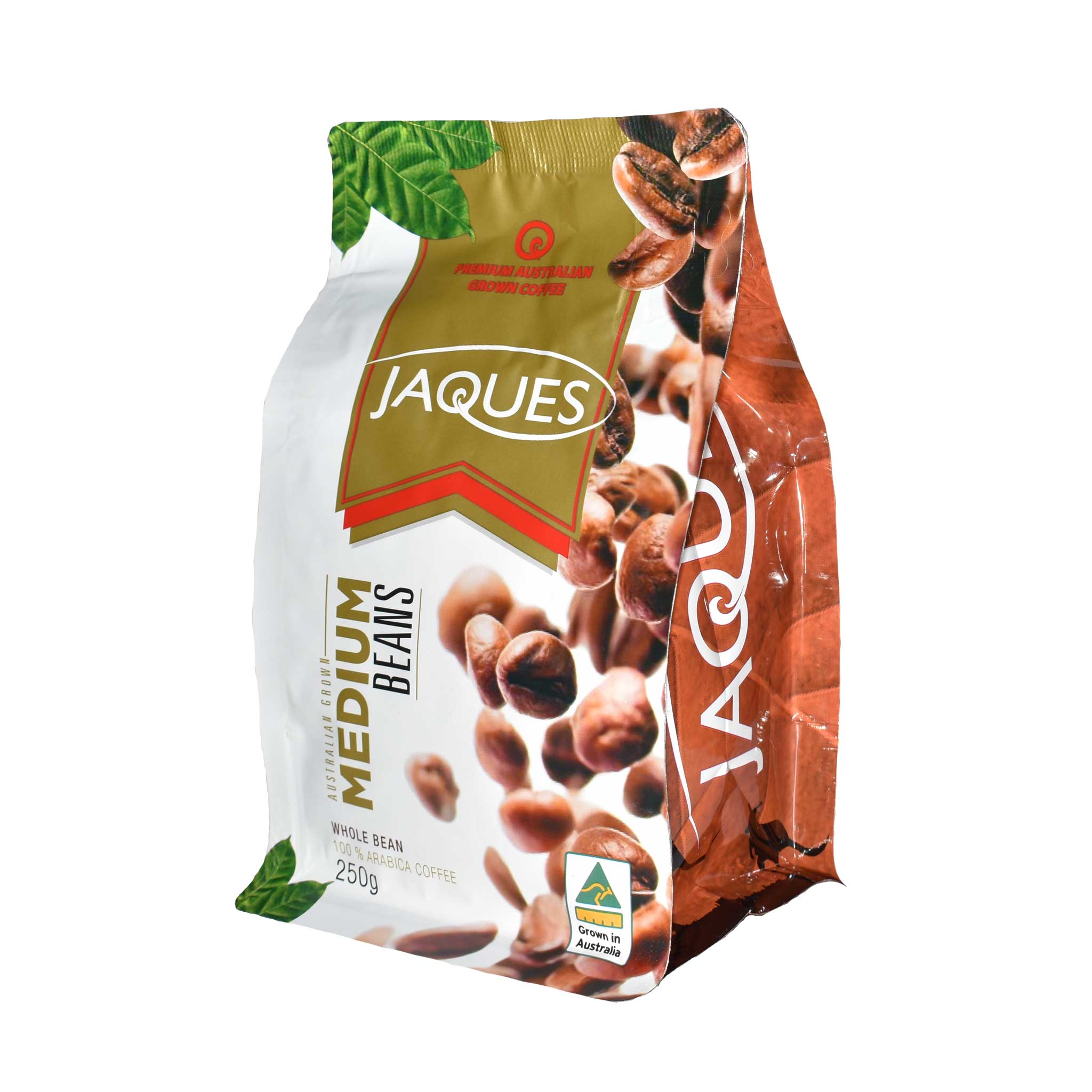 Whole beans roasted coffee by Jaques Australian Coffee, 250g medium roast in a clear bag with label and branding.