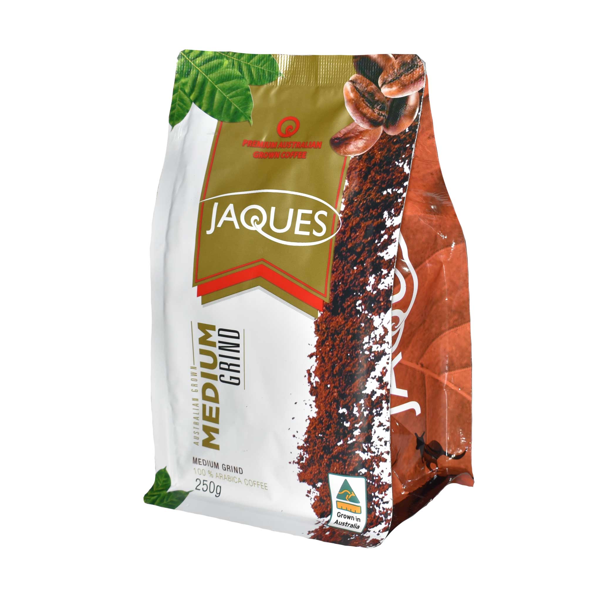 Jar of Jaques Australian Coffee Medium Roast coffee with medium grind, labeled 250g, showcasing the roasted coffee packaging.