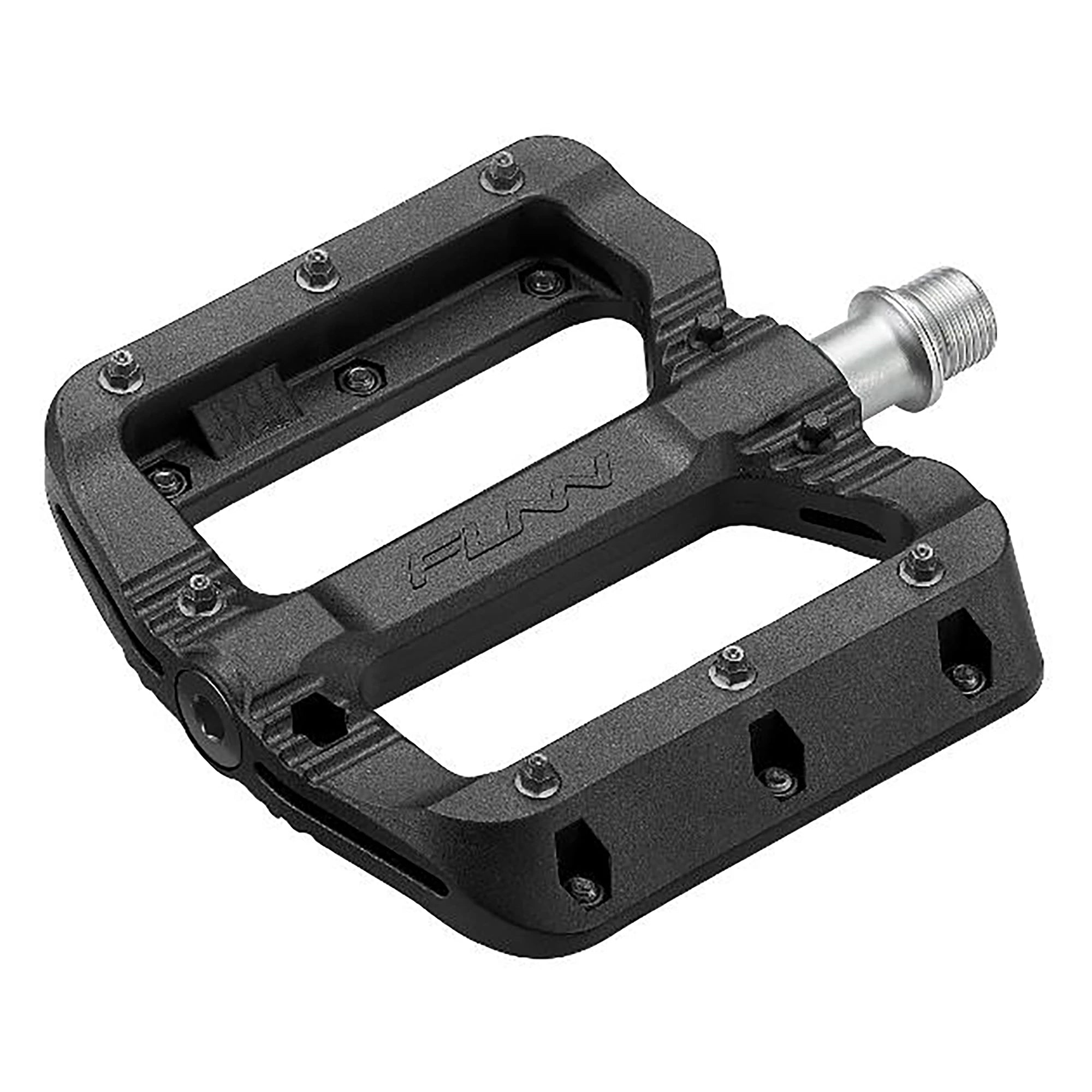 FUNN Black Magic Platform Pedals for bikes, featuring durable design and wide foot support, shown in a close-up image.
