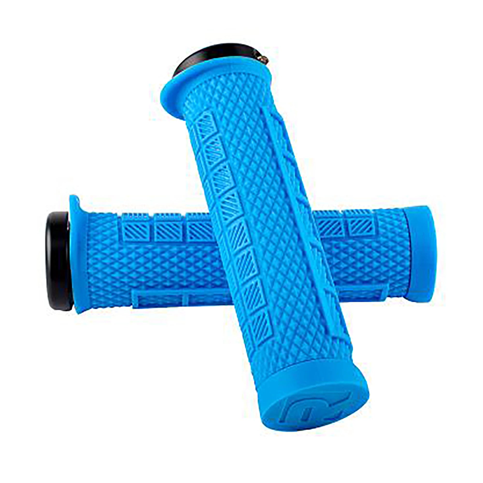 Ryfe Bossa Lock On MTB grips shown on bike handlebar, black rubber grips with locking mechanism for mountain biking.