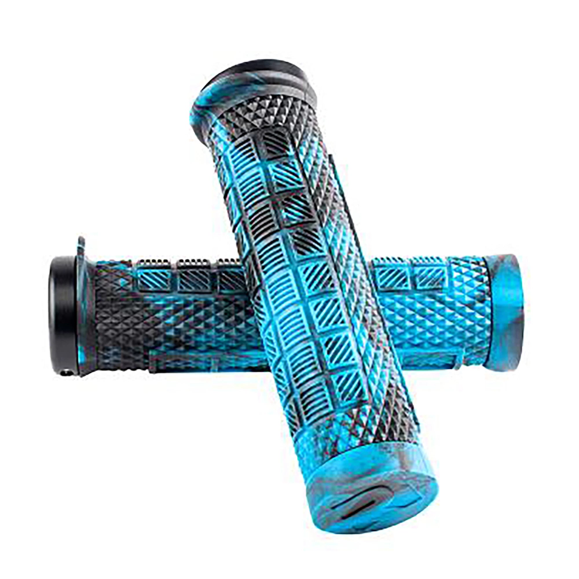 Ryfe Bossa Lock On MTB grips with textured rubber handles and metal locking rings for secure mountain bike handlebar control.